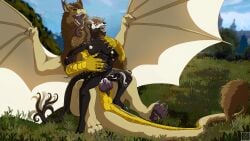 absurd_res anthro anthro_on_feral avian black_body blakezarks breasts cel_shading dragon duo feral forest forest_background full-length_portrait futanari genitals gryphon hi_res intersex intersex/male male mythological_avian mythological_creature mythological_scalie mythology nature nature_background pawpads penetration penis plant portrait scalie shaded spread_wings tail tree unusual_anatomy unusual_genitalia unusual_penis unusual_tail wings zoophilia