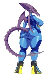 1girls absurdres alien alien_girl anthro ass back_view breasts clothed dragon female female_only female_ridley footwear full_body hand_on_hip high_heels highres huge_ass huge_breasts metroid monster monster_girl nintendo purple_skin ridley rule_63 samus_aran_(cosplay) scalie sharp_teeth sideboob solo space_dragon_(metroid) sssonic2 tail thick_thighs tight_clothes voluptuous white_background wings yellow_eyes zero_suit