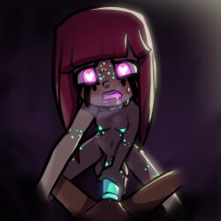 beryl_(thousandarms) big_penis breasts drooling female futa_on_female futanari glowing glowing_eyes glowing_nipples glowing_penis heart-shaped_pupils heavy_breathing holding_penis intersex penis pink pink_eyes pussy red_hair thousandarms yellow_body