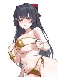 absurdres alternate_costume anger_vein bikini black_hair blush bow breasts clenched_hand collarbone commentary covered_nipples eyepatch_bikini female gold_bikini hairbow highres huge_breasts long_hair looking_at_viewer red_bow sangobob shirayuki_hina side-tie_bikini_bottom simple_background solo stellive string_bikini swimsuit very_long_hair virtual_youtuber white_background