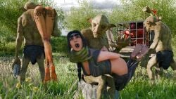 3boys 3girls baldur's_gate baldur's_gate_3 barefoot black_hair bondage cage_wagon captured elf female gag gagged goblin green_eyes karlach lae'zel male monster pejack32167 pointy_ears shadowheart shadowheart_(baldur's_gate) slave slave_raid spanking