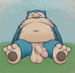1boy anthro balls belly big_belly blue_body closed_eyes erection fat fat_belly feet genitals grass greengiant7186 huge_cock humanoid_genitalia humanoid_penis large_belly large_penis male male_nipples male_only mammal moobs nintendo nipples obese obese_anthro obese_male outdoors overweight overweight_anthro overweight_male penis pokemon pokemon_(species) sitting smile snorlax solo solo_male testicles vein veiny_penis