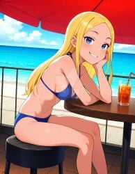 2025 ai_generated beach beach_umbrella belly blonde_female blonde_girl blonde_hair_female blue_bikini blue_eyes brown_eyebrows cartoon_network dcau deviantart elryusam female hand_on_head hand_on_table meta not_porn orange_cheeks orange_drink sitting_on_chair teen_titans teeth_showing terra tummy