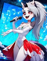 2025 4kids_entertainment ai_generated anime black_dot_eyes black_eyebrows deviantart elryusam furry_ears furry_female furry_nose furry_tail goldeen goldeen_(cosplay) helluva_boss holding_microphone loona_(helluva_boss) meta nintendo not_porn open_mouth pink_cheeks pokemon red_necklace red_neckwear singing stage teeth_showing teeth_visible vivziepop wet_body wet_skin white_eyes white_gloves youtube