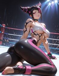 abs ai_generated arm_support ass asymmetrical_bangs bangs benj17 big_ass black_hair black_pants bracelet breasts capcom clothed collar crop_top crowd feet fighting_ring hair_horns halterneck juri_han large_breasts latex_pants looking_to_the_side muscular muscular_female nail_polish navel pants pink_eyes pink_hair pink_nails posing sidelocks smile smirk spiked_bracelet spiked_collar spotlights stirrup_legwear streaked_hair street_fighter street_fighter_6 stretching tattoo thick_thighs tight_clothes tight_clothing toenail_polish toes two_tone_hair underboob