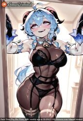 abs ahoge ai_generated armpits asmutcriminal bare_shoulders bell black_gloves black_panties blue_hair blush bodysuit breasts curtains detached_sleeves door eyebrows_visible_through_hair female ganyu_(genshin_impact) garter_belt gloves goat_horns half-closed_eyes horns indoors long_hair looking_at_viewer open_door open_mouth open_window purple_eyes smile solo sweat tagme underwear window