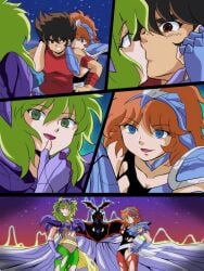 armor blue_eyes brainwashing brown_hair comic corruption eagle_marin empty_eyes enemy_conversion female femdom femsub green_hair hand_on_hip hitsugi_mc hypnosis kissing leotard male malesub mind_control multiple_girls open_mouth ophiuchus_shaina pegasus_seiya resisting saint_seiya torn_clothes