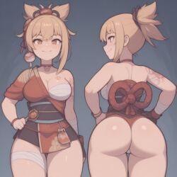 ai_generated ass ass_focus back_view bandage both_sides front_view genshin_impact hair_ornament hamburgerjoy shimenawa smile tasuki tattoo thong vision_(genshin_impact) yoimiya_(genshin_impact)