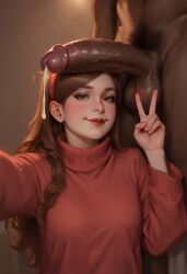 aged_up ai_generated cock_worship cum_drip dark-skinned_male gravity_falls interracial light-skinned_female mabel_pines peace_sign