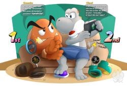 2boys anthro barefoot bodily_fluids charmander clothing dialogue erection erection_under_clothing extreme_size_difference feet foot_fetish foot_focus foot_play gaming generation_1_pokemon genital_fluids goomba group hi_res inside_clothing inside_shoe insole lagomorph leporid male male/male mammal mario_(series) micro nintendo playing_video_game pokemon pokemon_(species) precum precum_through_clothing rabbit size_difference speech_bubble sweat trapped_in_clothing trapped_in_shoe vaxen12 wet wet_clothing yoshi