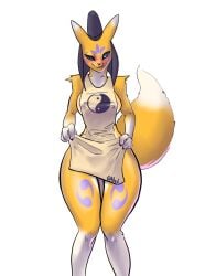 2023 4_fingers anthro apron apron_lift apron_only areola bandai_namco big_breasts black_claws black_clothing black_hat black_headwear black_nose black_sclera blue_eyes blush breasts canid canine claws clothed clothing clothing_lift digimon digimon_(species) dipstick_tail facial_markings female female_anthro finger_claws fingers fluffy fluffy_tail fox front_view fur gatox_(artist) hat head_markings headgear headwear hi_res hybrid knock-kneed leg_markings licking licking_lips licking_own_lips looking_at_viewer mammal markings multicolored_body multicolored_ears multicolored_fur nipple_outline pink_areola purple_markings renamon simple_background snout solo standing tail tail_markings tan_apron tan_clothing taomon thick_thighs tongue two_tone_body two_tone_ears two_tone_fur two_tone_tail white_background white_body white_ears white_fur white_tail white_tail_tip yellow_body yellow_ears yellow_fur yellow_tail