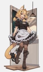 :d alternate_costume animal_ear_fluff animal_ears apron bangs bell black_dress blonde_hair blush boots bow breasts dress enmaided eyebrows_visible_through_hair female frilled_dress frills full_body gloves hairbow indoors japari_symbol lifted_by_self looking_at_viewer low_twintails maid maid_apron maid_headdress multicolored_hair open_mouth pantyhose puffy_short_sleeves puffy_sleeves ribbon short_sleeves skirt_hold smile solo squchan_(vtuber) standing tail tail_bow vyugen waist_apron white_apron wrist_cuffs