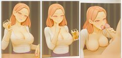 ai_generated bar big_breasts blowjob blush breasts_out cleavage cute drinking drunk drunk_sex erect_nipples erection_under_clothes glass imminent_sex no_bra no_bra_under_clothes pervert purple_eyes red_hair sex undressing