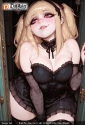 ai_generated animal_ears bangs bare_shoulders between_legs black_choker black_dress black_hairband black_headwear black_legwear black_ribbon blonde_hair blunt_bangs blush bow breasts choker cleavage collarbone cross_earrings detached_sleeves dollmaker dress ear_piercing earrings elbow_gloves eyebrows_visible_through_hair fake_animal_ears female fishnets frills gloves hair_ornament hairband hat heart jewelry lips long_hair looking_at_viewer makeup mascara medium_breasts mole mole_on_breast mole_under_eye nail_polish parted_lips piercing red_eyes ribbon scar short_dress sitting smile solo tagme teeth thigh_strap thighhighs twintails two_side_up