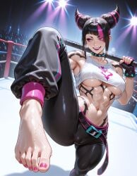 ai_generated asymmetrical_bangs bangs benj17 black_hair capcom fighting_ring hair_horns juri_han pink_hair sidelocks streaked_hair street_fighter street_fighter_6 two_tone_hair