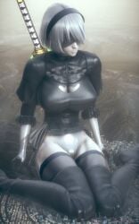 1girls 3d big_breasts blindfold breasts city clothing female female_only giantess hairband honey_select junejukes light-skinned_female light_skin macro nier nier:_automata short_hair solo thighhighs white_hair yorha_2b