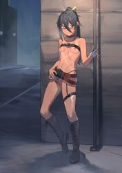 absurdres ahoge averting_eyes bandaged_arm bandaged_hand bandages belt black_belt black_boots black_hair blue_eyes boots breasts censored closed_mouth collar commentary_request commission corner cross-laced_shoes exhibitionism female full_body glasses hair_between_eyes hair_ornament highres knee_boots lace-up_boots long_bangs medium_hair mosaic_censoring nervous_smile night nipples nude original outdoors public_indecency public_nudity pussy pussy_juice red-framed_eyewear red_collar semi-rimless_eyewear sidewalk sideways_glance skeb_commission small_breasts smile solo sweat tan tanlines under-rim_eyewear while_d x_hair_ornament