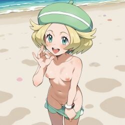 1girls ai_generated beach belly_button bianca_(pokemon) blonde_hair blowjob_gesture breasts female female_only game_freak gamefreak green_eyes light-skinned_female light_skin naked nintendo nipples nude nude_female pokemon pokemon_bw pulling_down_pants pulling_down_shorts sans_(pixiv_id_35702077) solo stripping