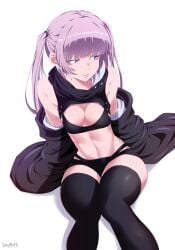 1girls bangs bare_shoulders bikini black_bikini black_clothes black_legwear black_shirt black_swimsuit black_thighhighs black_underwear blue_eyes blunt_bangs blush bra breasts call_of_the_night cape cleavage cleavage_cutout closed_mouth clothing clothing_cutout female fit_female hi_res high_resolution highres jacket lavender_hair legwear light-skinned_female light_skin long_hair long_sleeves looking_away looking_to_the_side medium_breasts midriff monster_girl nanakusa_nazuna nanakusa_nazuna_(yofukashi_no_uta) navel no_background off_shoulder pantsu png purple_hair shirt short_shorts shorts sitting small_breasts solo sports_bra sportswear stayaliveplz swimsuit thick_thighs thighhighs thighs tied_hair twintails underwear vampire vampire_girl very_high_resolution yofukashi_no_uta
