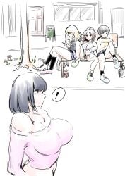 ! 1futa 3girls bench big_breasts consent drink female no_panties offering_sex pussy shirt shoes sitting skirt smartphone socks spread_pussy