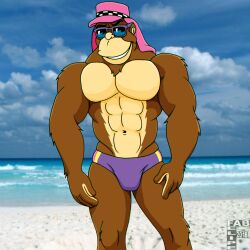 2018 abs anthro ape beach biped bulge clothing cloud day digital_media_(artwork) eyebrows fabfelipe featureless_chest front_view gorilla haplorhine hat headgear headwear hi_res male mammal muscular muscular_anthro muscular_male navel outside pink_clothing pink_hat pink_headwear primate purple_clothing purple_speedo purple_swimwear sand sea sky smile solo speedo standing swimwear teeth thrilla_gorilla town_&_country_surf_designs water wearing_sunglasses