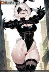 ai_generated animal_ears asmutcriminal black_blindfold black_gloves black_hairband black_legwear blindfold boots breasts building city cityscape cleavage cleavage_cutout clothing_cutout fake_animal_ears feather-trimmed_sleeves female gloves hairband highleg highleg_leotard juliet_sleeves leotard long_sleeves medium_breasts mole mole_under_mouth open_mouth pod_(nier_automata) post-apocalypse puffy_sleeves rabbit_ears rabbit_tail ruins short_hair silver_hair skindentation skyscraper sweat tagme teeth thick_thighs thigh_boots thighhighs thighhighs_under_boots thighs white_hair white_leotard yorha_no._2_type_b yorha_no._9_type_s
