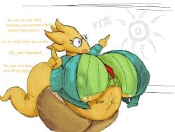alphys anthro beady_eyes big_breasts breasts breasts_bigger_than_head broodmother clothing dialogue eyewear female glasses green_clothing green_shirt green_topwear hi_res lizard necktie nipple_outline pregnant pregnant_female reptile scalie shirt simple_background solo tail teaching topwear under_boob undertale_(series) wearing_glasses