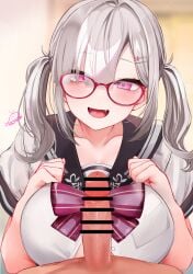 1boy bar_censor blush bow bowtie breasts brown_sailor_collar censored collarbone commentary_request fangs female festa11307070 glasses grey_hair grey_serafuku huge_breasts long_hair looking_at_viewer nijisanji open_mouth penis pink-framed_eyewear pink_bow pink_bowtie pink_eyes sailor_collar school_uniform serafuku short_sleeves smile solo_focus sukoya_kana sukoya_kana_(3rd_costume) twintails virtual_youtuber