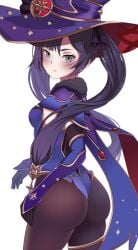 :t absurdres aqua_eyes ass black_pantyhose blue_hat blue_leotard blush breasts cape choker female from_side fur_trim genshin_impact gloves hair_ornament hair_ribbon half-closed_eyes hat hh_101 highres leotard looking_at_viewer mona_(genshin_impact) pantyhose pout purple_hair ribbon solo transparent_background twintails witch_hat