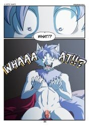 absurd_res anthro balls beerus comic domestic_cat dragon dragon_ball dragon_ball_super duo felid feline felis fur furred_dragon furred_scalie genitals hair hairless hairless_cat hi_res horn light light_beam male male/male mammal mythological_creature mythological_scalie mythology nude penis prisma_faerdo prismanoodle_(artist) purple_body purple_hair scalie shocked simple_background sphynx_(cat) sunbeam sunlight surprise surprised_expression tail text white_body white_fur