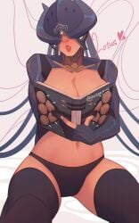 bed bedroom big_breasts boobs_in_book_(meme) book breasts clothed clothes clothing curvaceous curvaceous_body curvaceous_female curvaceous_figure curvaceous_hips curvy curvy_body curvy_female curvy_figure curvy_hips female female_focus female_only helmet leozeepug lips lotus_(warframe) panties stockings thick_thighs thighhighs thighs tummy warframe