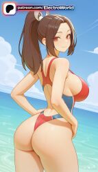 1girls 2026 ai_generated artist_name ass beach big_breasts big_chest blue_sky breasts brown_hair bust busty chest cloud cloudy_sky day electroworld fatal_fury female hi_res high_quality high_resolution highres horizon king_of_fighters large_breasts looking_at_viewer mai_shiranui ocean one-piece_swimsuit outdoors patreon patreon_username ponytail pool poolside sky smile solo stable_diffusion street_fighter swimsuit water watermark wet