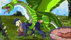 absurd_res anthro anthro_on_feral blakezarks blue_body bodily_fluids cel_shading cum cum_inside detailed_background dragon duo ejaculation feral feral_penetrating forest forest_background genital_fluids green_body hi_res internal lagomorph leporid male male/male male_on_feral mammal mythological_creature mythological_scalie mythology nature nature_background penetration plant rabbit scalie shaded side_view size_difference size_play tree zoophilia