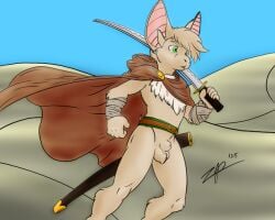 animal_genitalia anthro ball_tuft balls bandage bandaged_arm bat belt big_ears bottomless cape character_request chest_tuft clothed clothing desert fist fully_sheathed genitals green_eyes holding_melee_weapon holding_object holding_sword holding_weapon male male_only mammal melee_weapon raised_sword samurai_sword scabbard sheath solo sword tuft weapon zephyrpanthur