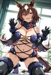 ai_generated animal_ears brown_hair female horse_girl long_hair looking_at_viewer markings markings_on_head mash_kyrielight_(dangerous_beast)_(cosplay) red_eyes sirius_symboli_(umamusume) smiling_at_viewer umamusume umamusume_pretty_derby