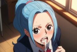 ai_generated blonde_hair cum cum_in_mouth female_focus kneeling monkey_d_luffy nefertari_vivi one_piece pov_eye_contact pov_male