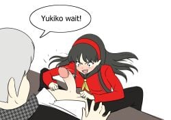 1boy 1girls amagi_yukiko atlus before_sex black_hair female grey_hair imminent_sex japanese japanese_female japanese_male male myahogao narukami_yu persona persona_4 white_background