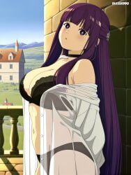 1girls ai_generated alternate_version_available big_breasts bra breasts ecchi fern_(sousou_no_frieren) frieren_beyond_journey's_end long_hair looking_at_viewer panties purple_eyes purple_hair see-through_shirt sousou_no_frieren underwear watermark