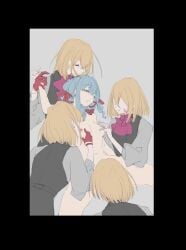 5girls aaaboutle absurdres aver_(yumenokessho) bang_dream! bang_dream!_it's_mygo!!!!! black_border black_vest blonde_hair blue_hair border bow bowtie closed_eyes clothed_female_nude_female commentary completely_nude cunnilingus doloris_(bang_dream!) facial_tattoo female gloves grabbing_another's_breast grey_background grey_shirt groping hairbow harem hashtag-only_commentary highres holding_another's_wrist long_sleeves medium_hair misumi_uika multiple_girls navel nipples nude open_mouth oral purple_bow purple_bowtie red_bow red_gloves shirt simple_background smile sweets_paradise tattoo togawa_sakiko vest yellow_eyes yumenokessho yuri