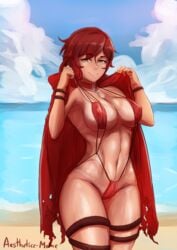 1girls abs absurdres aestheticc-meme bikini breasts cleavage female female_only highres looking_at_viewer red_hair ruby_rose rwby solo tan