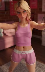 3d 3d_(artwork) asymmetrical_hair blonde_female blonde_hair blue_eyes blush blushing_at_viewer crop_top cute cute_face eye_contact female ghost-spider glasses gwen_stacy gwen_stacy_(spider-verse) light-skinned_female light_skin looking_at_viewer marvel marvel_comics multicolored_hair navel partially_clothed petite self_upload selfie shorts skinny skinny_female smile smiling smiling_at_viewer spider-gwen spider-man:_across_the_spider-verse spider-man:_into_the_spider-verse spider-man_(series) superhero superheroine teenage_girl teenager tummy wtfsths