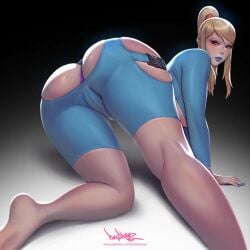 artist_name ass ass_focus barefoot bimbo blonde_hair blue_eyes blue_lips blue_nails bodysuit breasts cameltoe eyeshadow female large_breasts latex latex_bodysuit long_hair looking_back makeup metroid patreon_username pinkdrawz ponytail red_eyeshadow samus_aran sidelocks skin_tight thick_thighs thighs web_address