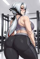 1girls ai_generated arlecchino_(genshin_impact) ass ass_focus bare_shoulders big_ass big_breasts black_eyes black_pants black_sports_bra blush breasts contrapposto curvy_body fat_ass female female_only from_behind genshin_impact grin gym gym_clothes gym_uniform hair_between_eyes heavy_breathing huge_ass huge_breasts in_gym light-skinned_female long_fingernails looking_back low_ponytail mature_female mihoyo milf multicolored_hair nail_polish posing presenting_ass presenting_self remington34 seductive_look smile solo sports_bra standing streaked_hair sweat sweat_body thick_thighs tight_clothes wide_hips x-shaped_pupils yoga_pants