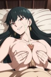 1boy 1girls ai_generated black_hair boobjob breast_grab breasts covered_nipples covering covering_breasts covering_nipples cum cum_on_face cumshot earrings ejaculation facial female grabbing grabbing_breasts grabbing_own_breast large_breasts laying_on_back laying_on_bed long_hair looking_at_viewer male navel nipples paizuri penis penis_between_breasts pillow pinku.ai pubic_hair smirk yor_briar yor_forger