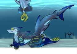 2_penises after_transformation anthro anus blue_eyes errokioslem fin fish full-length_portrait genitals gills knot knotted_penis looking_at_viewer male marine multi_genitalia multi_penis penis portrait shark shark_tail side_view slit_(disambiguation) slit_penis solo striped_body stripes teeth_showing underwater water