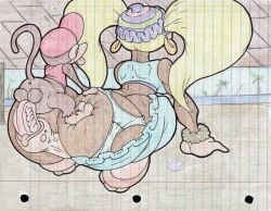 2015 anthro ass balls big_butt blonde_hair blue_clothing clothing diddy_kong donkey_kong_(series) duo female genitals hair haplorhine inside male mammal monkey nintendo penis primate pussy sex tiny_kong traditional_media_(artwork) virus-20