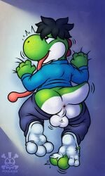 3_toes 4_fingers 4_toes absurd_res anthro anus ass balls bed black_hair blue_clothing blue_sweater blue_topwear bottomwear bottomwear_down clothed clothing dinosaur feet fingers foot_focus footwear furniture genitals grabbing_sheets green_yoshi hair hi_res long_tongue looking_pleasured looking_up lying male male_only mario_bros mid_transformation motion_lines nintendo on_bed on_front open_mouth pants pants_down partially_clothed perineum pokerus10 prehistoric_species reptile scales scalie smile socks soles solo spikes spikes_(anatomy) sweater tail toes tongue tongue_out topwear torn_clothing torn_footwear torn_socks transformation yoshi
