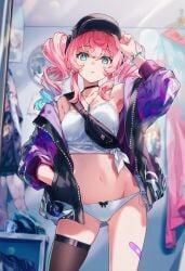 ai_generated black_cap green_eyes honkai:_star_rail hyacine_(honkai:_star_rail) mirror_reflection pink_hair raaicave white_crop_top white_panties