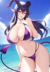 absurdres artist_name bikini black_hair blue_sky breasts cleavage cloud collarbone contrapposto crossed_bangs demon_girl demon_horns demon_tail female finger_to_mouth floating_hair hair_between_eyes highres horns huge_breasts long_hair multi-strapped_bikini_bottom nail_polish nanalili navel original outdoors pixiv_username pointy_ears purple_bikini purple_eyes purple_nails skindentation sky smile solo stomach swimsuit tail thighs very_long_hair water wet