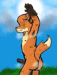 anonymous_artist anthro armpit_fetish armpit_hair ass balls bedroom_eyes bodily_fluids body_hair canid canine cloud epic_games erection fennix_(fortnite) fortnite fox fur genitals grass hi_res male male_only mammal musk musk_clouds musky_armpit musky_balls musky_butt musky_penis narrowed_eyes nude orange_body orange_fur outside penis plant seductive sky solo sun sweat sweaty_butt